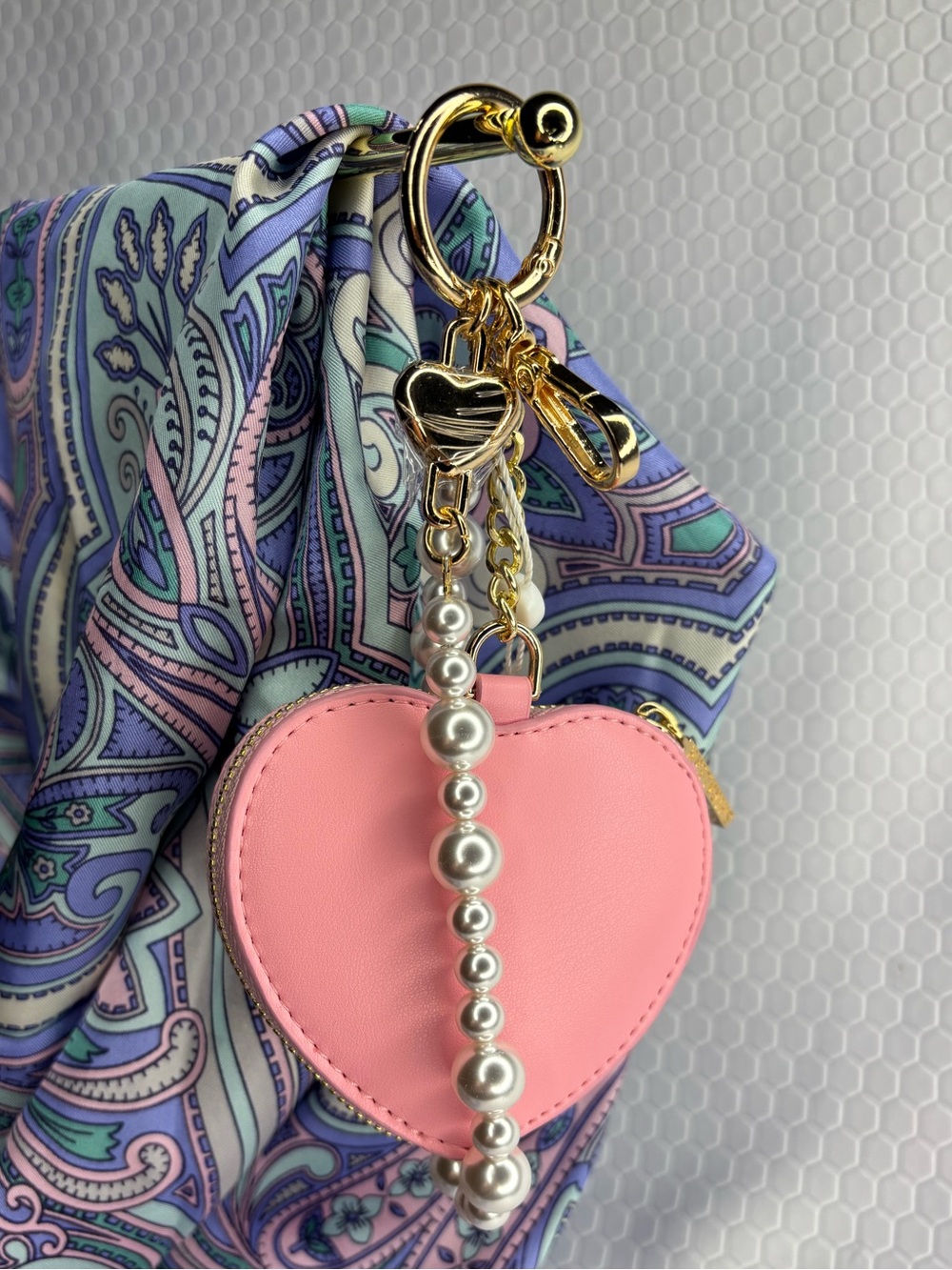 Pink Heart Zipper Pouch Charm with Faux Pearl Wrist Strap NWT